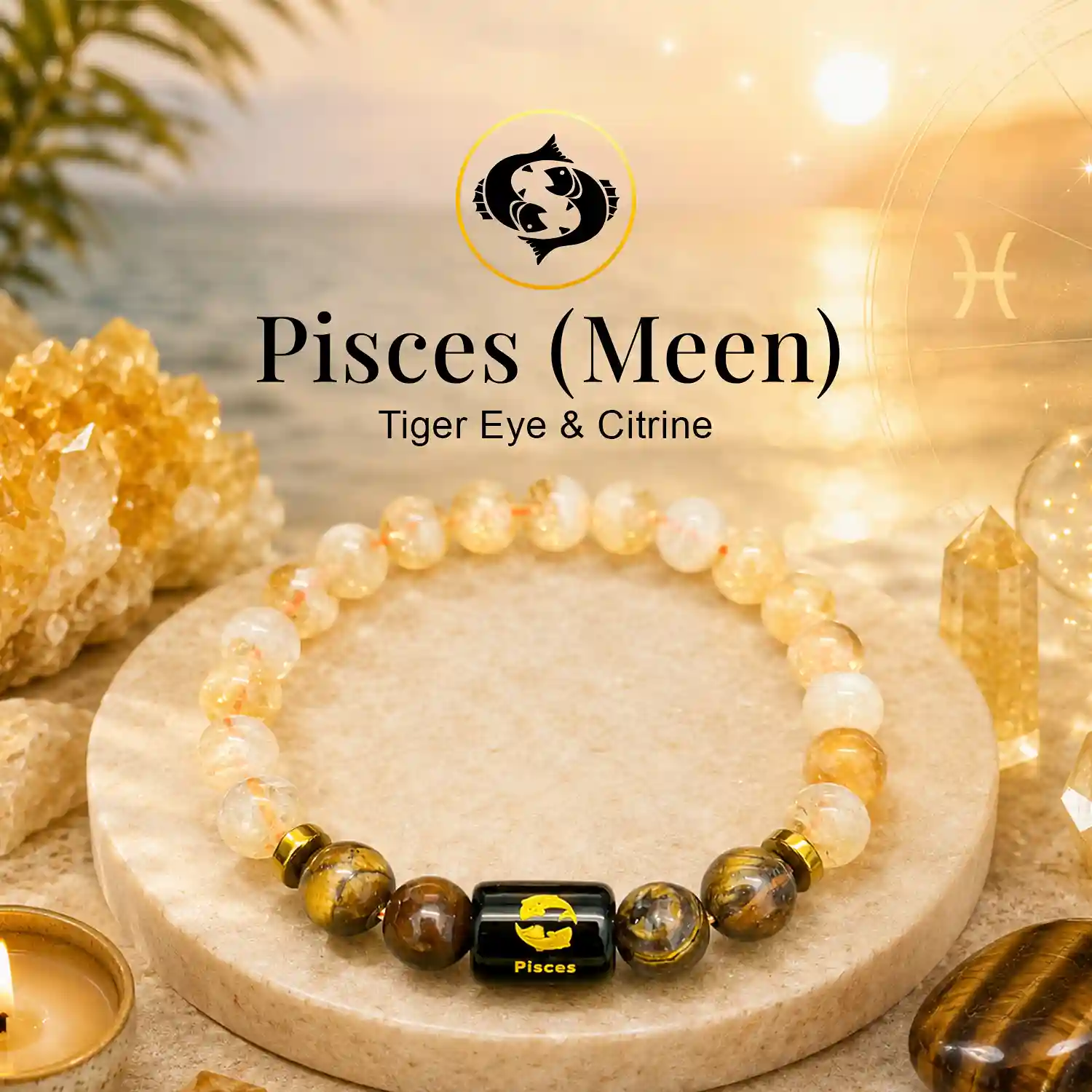 Pisces (Meen) Zodiac Sign Bracelet with Tiger Eye & Citrine